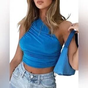 Express Vibrant Blue One-Shoulder Crop Top